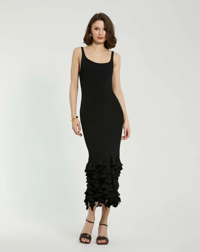 Mac Duggal Knitwear Women Rib Knit Sleeveless Midi Dress With Ruffle Hem Black