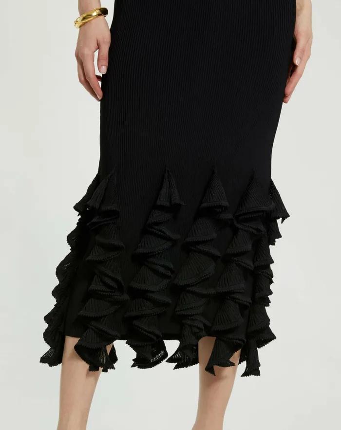 Mac Duggal Knitwear Women Rib Knit Sleeveless Midi Dress With Ruffle Hem Black