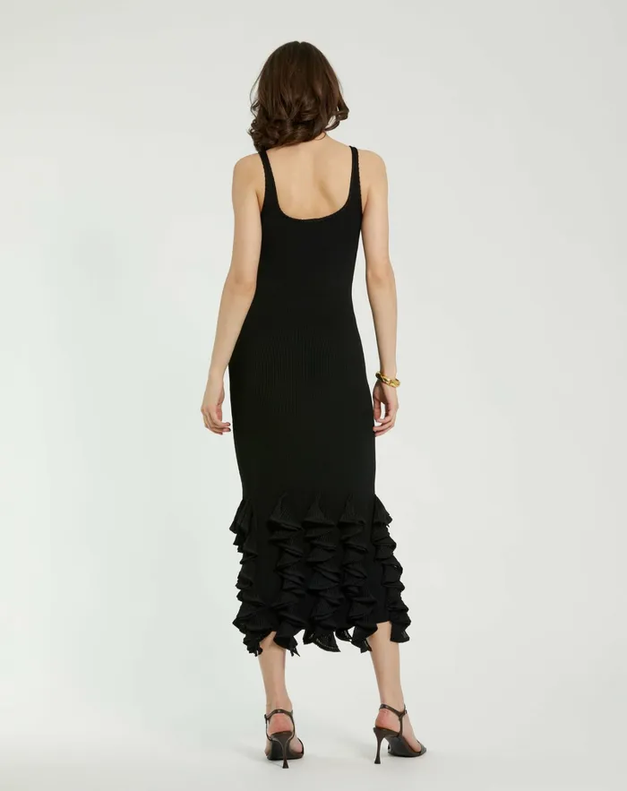 Mac Duggal Knitwear Women Rib Knit Sleeveless Midi Dress With Ruffle Hem Black