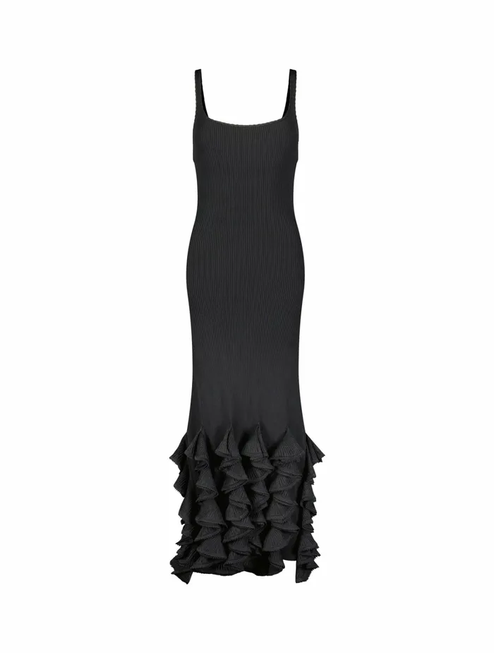 Mac Duggal Knitwear Women Rib Knit Sleeveless Midi Dress With Ruffle Hem Black