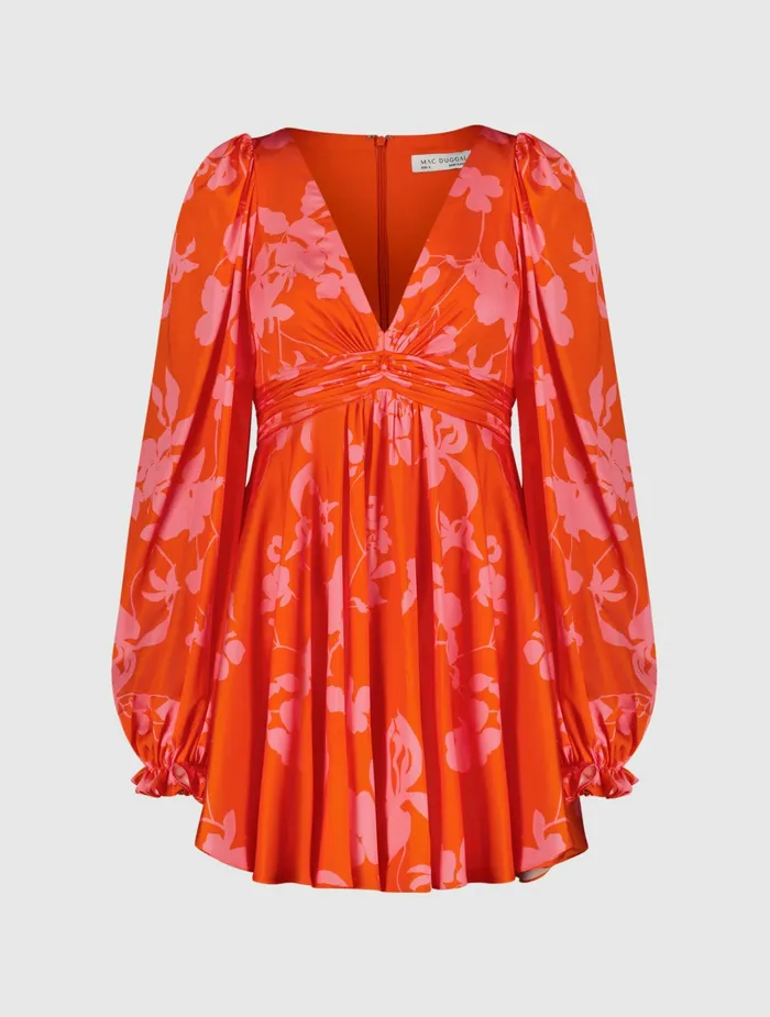 Mac Duggal Printed Charmeuse Bishop Sleeve V Neck Mini Dress Sunset Multi Women Every Day Dresses