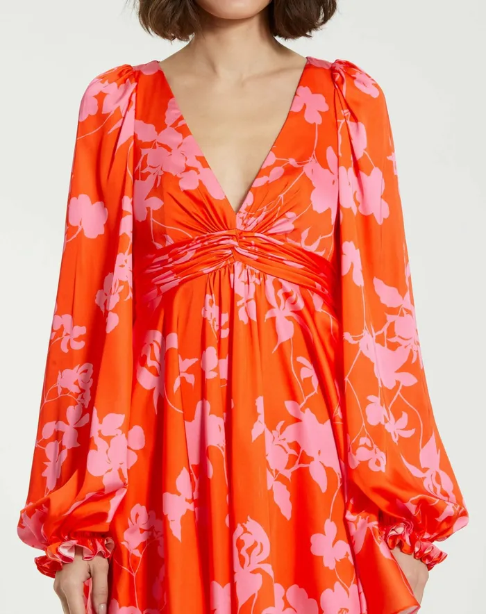 Mac Duggal Printed Charmeuse Bishop Sleeve V Neck Mini Dress Sunset Multi Women Every Day Dresses