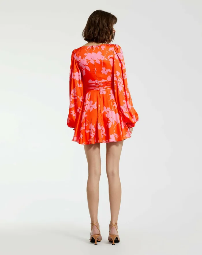 Mac Duggal Printed Charmeuse Bishop Sleeve V Neck Mini Dress Sunset Multi Women Every Day Dresses