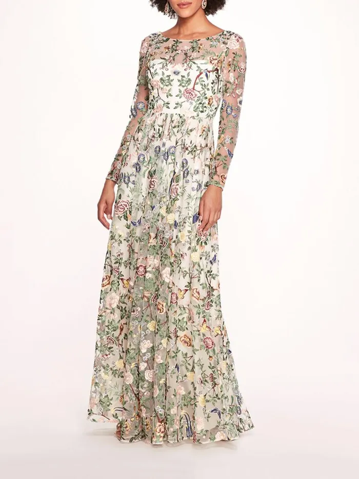 Marchesa Marchesa Notte Botanical Embroidered Gown Ivory Multi 8211 Women