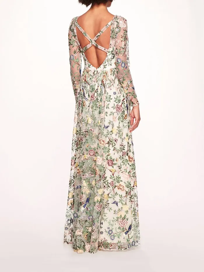 Marchesa Marchesa Notte Botanical Embroidered Gown Ivory Multi 8211 Women