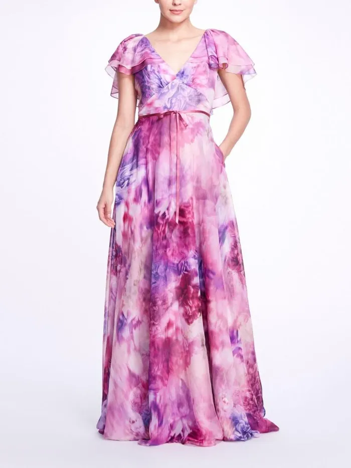 Marchesa Marchesa Notte Cap Sleeve VNeck Dress Mauve 8211 Women