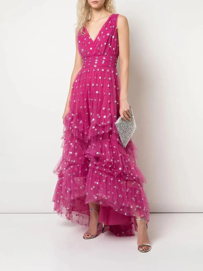 Marchesa Marchesa Notte Sequin Dot Texture Tea Length Dress Fuchsia 8211 Women