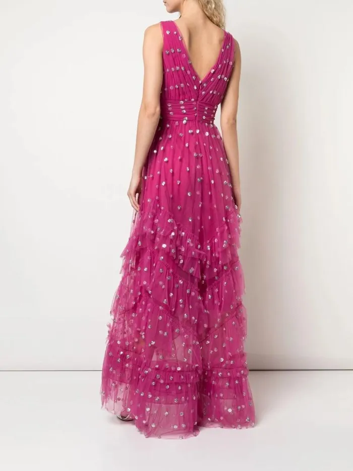 Marchesa Marchesa Notte Sequin Dot Texture Tea Length Dress Fuchsia 8211 Women