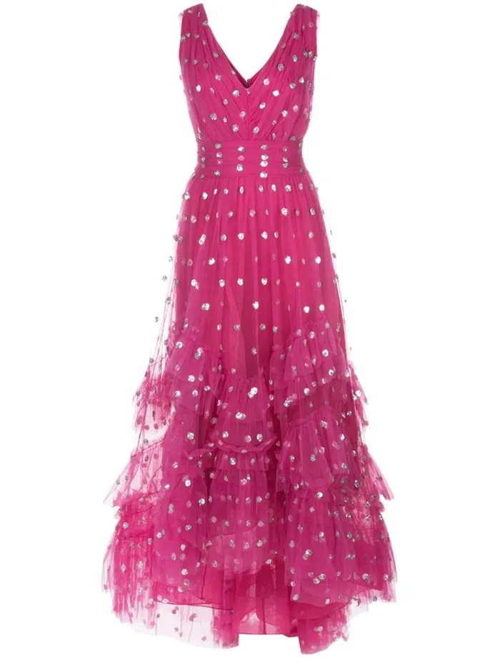 Marchesa Marchesa Notte Sequin Dot Texture Tea Length Dress Fuchsia 8211 Women