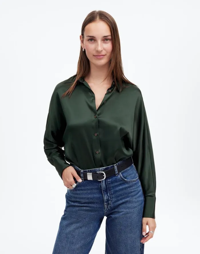 Matching Sets Women Madewell Relaxed Dolman ButtonUp Shirt In Satin Luxury Forest