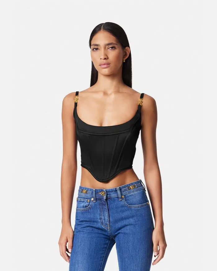 Medusa 03995 Satin Corset Top Black Women Versace Shirts and Tops