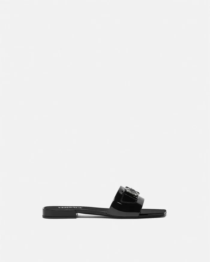 Medusa Buckle Leather Flat Sandals Blacksilver Women Versace Sandals