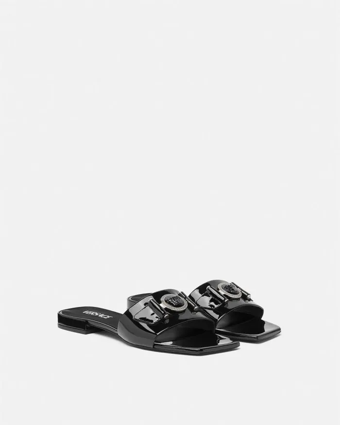 Medusa Buckle Leather Flat Sandals Blacksilver Women Versace Sandals