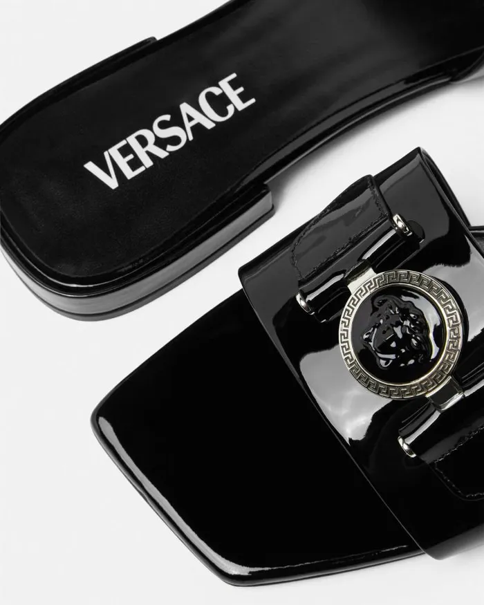 Medusa Buckle Leather Flat Sandals Blacksilver Women Versace Sandals