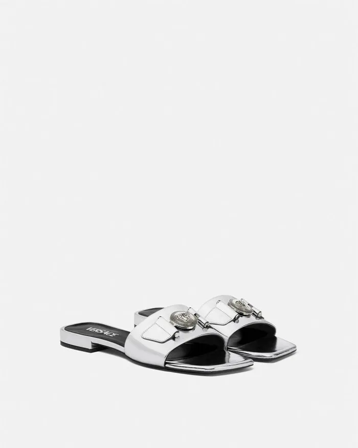 Medusa Buckle Metallic Flat Sandals Silver Women Versace Sandals