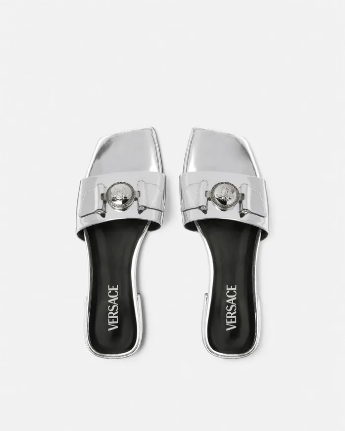 Medusa Buckle Metallic Flat Sandals Silver Women Versace Sandals