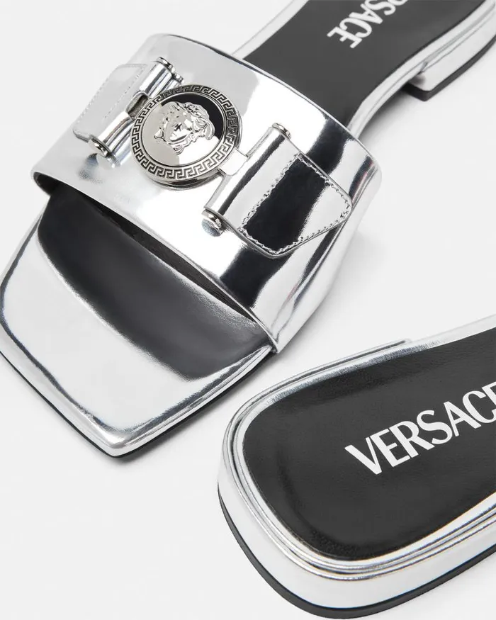 Medusa Buckle Metallic Flat Sandals Silver Women Versace Sandals