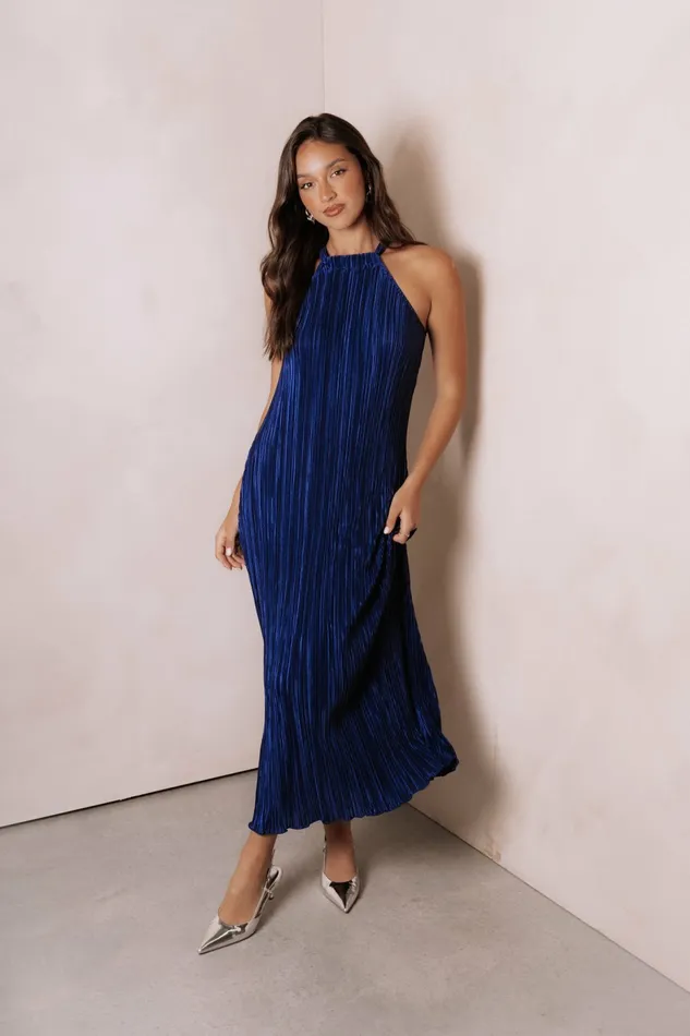 Melody Plisse Halter Maxi Dress Navy Women Event Dresses Petal and Pup