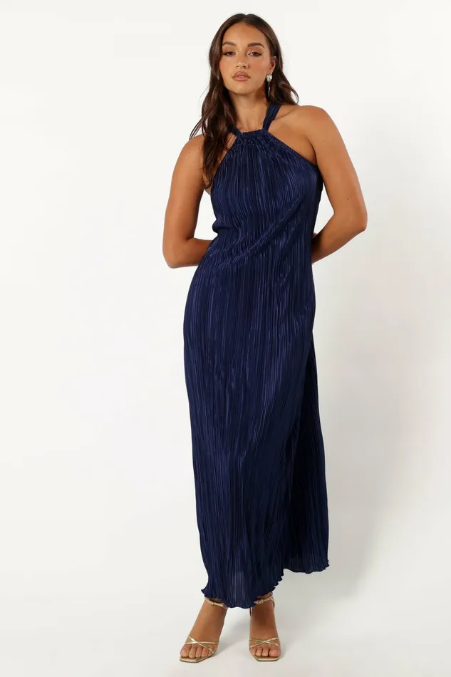Melody Plisse Halter Maxi Dress Navy Women Event Dresses Petal and Pup
