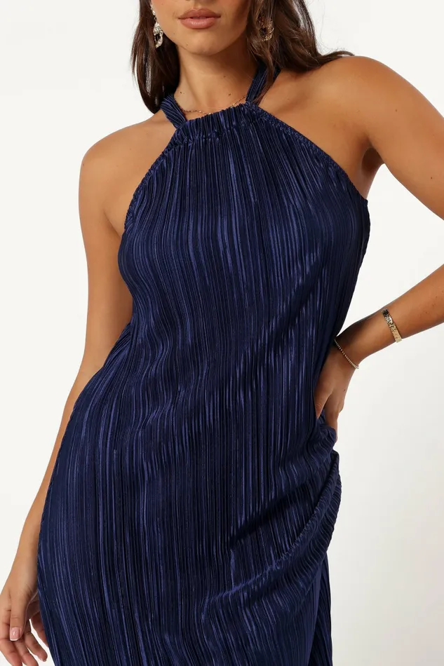 Melody Plisse Halter Maxi Dress Navy Women Event Dresses Petal and Pup