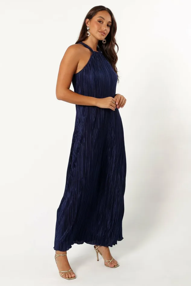 Melody Plisse Halter Maxi Dress Navy Women Event Dresses Petal and Pup
