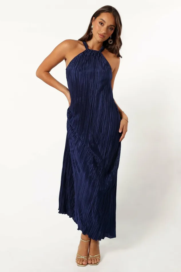 Melody Plisse Halter Maxi Dress Navy Women Event Dresses Petal and Pup