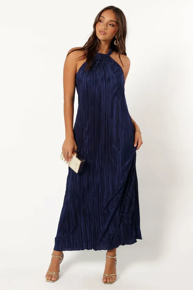 Melody Plisse Halter Maxi Dress Navy Women Event Dresses Petal and Pup