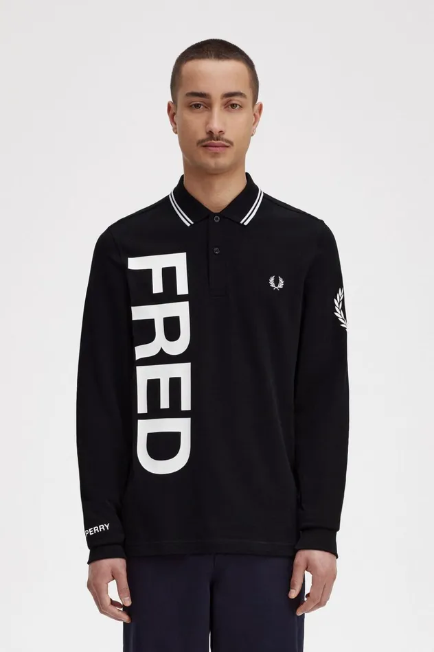 Men Bold Graphic Long Sleeve Shirt Black Fred Perry Polo Shirts