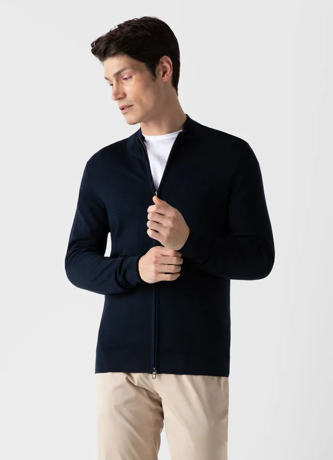 Men ExtraFine Merino Zip Cardigan Light Navy Knitwear ussunspel