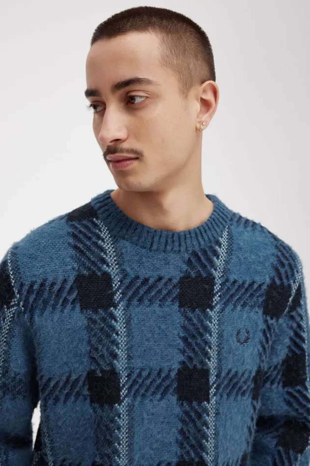 Men Glitch Tartan Jumper Midnight Blue Fred Perry Knitwear