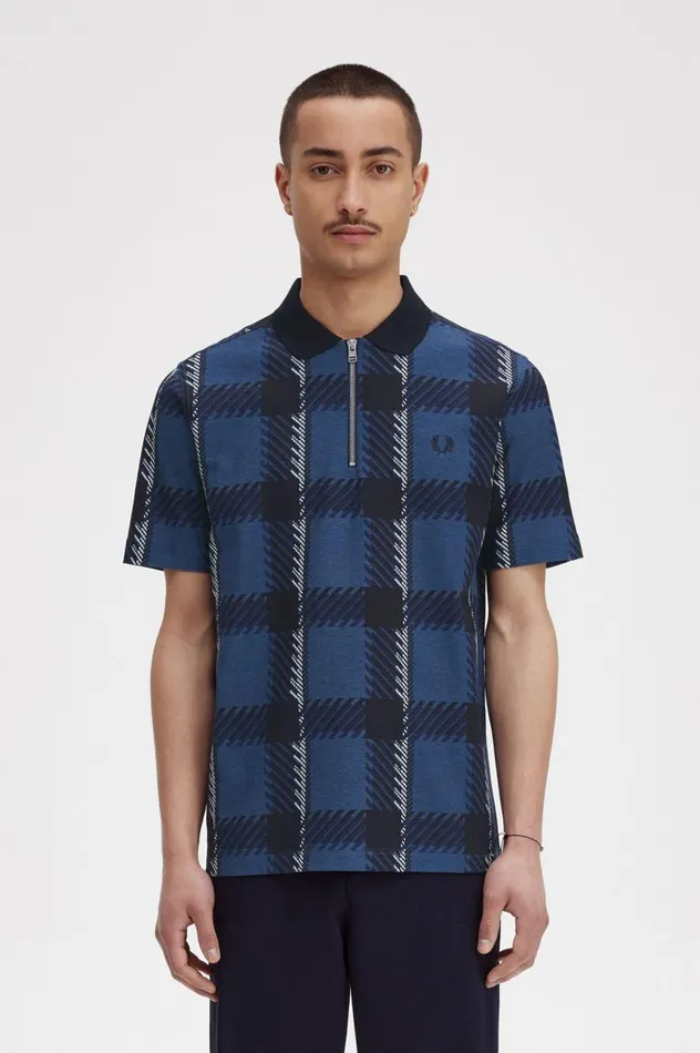 Men Glitch Tartan Zip Neck Polo Shirt Midnight Blue Fred Perry Polo Shirts