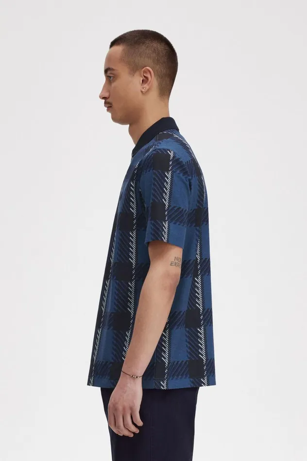 Men Glitch Tartan Zip Neck Polo Shirt Midnight Blue Fred Perry Polo Shirts