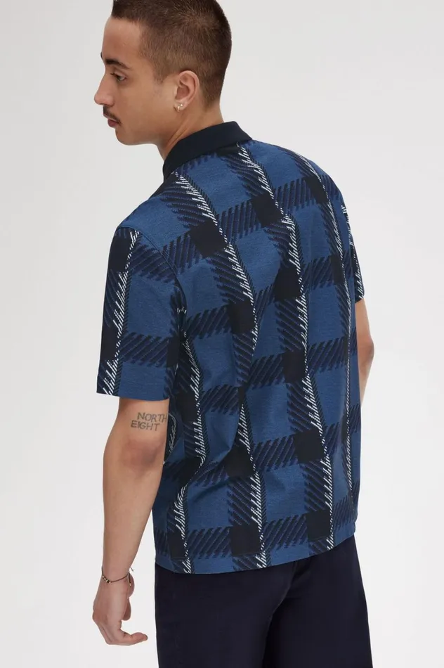 Men Glitch Tartan Zip Neck Polo Shirt Midnight Blue Fred Perry Polo Shirts