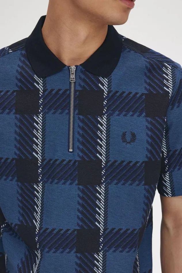 Men Glitch Tartan Zip Neck Polo Shirt Midnight Blue Fred Perry Polo Shirts