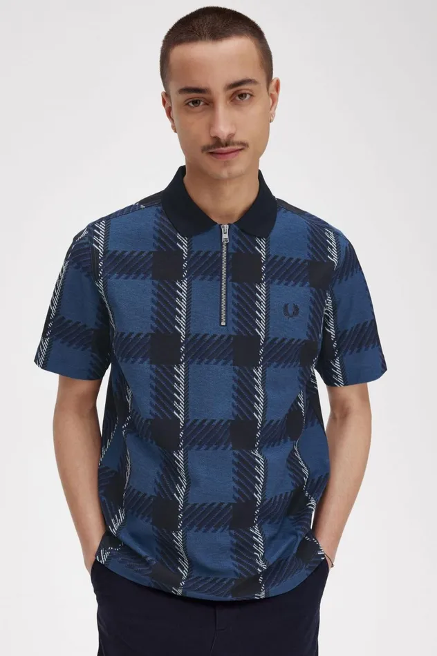 Men Glitch Tartan Zip Neck Polo Shirt Midnight Blue Fred Perry Polo Shirts