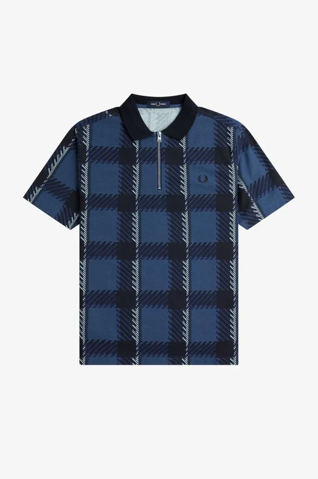 Men Glitch Tartan Zip Neck Polo Shirt Midnight Blue Fred Perry Polo Shirts