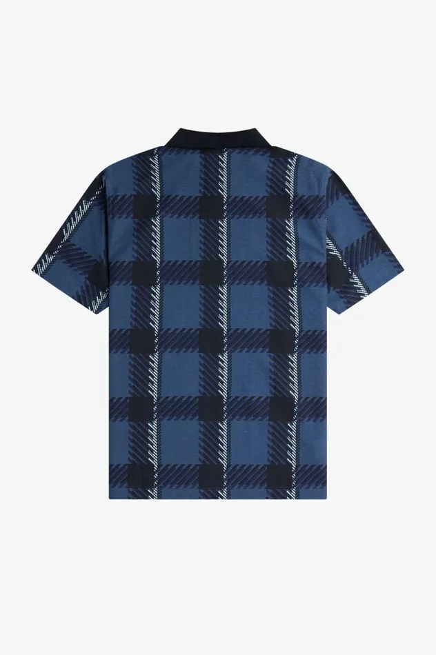 Men Glitch Tartan Zip Neck Polo Shirt Midnight Blue Fred Perry Polo Shirts
