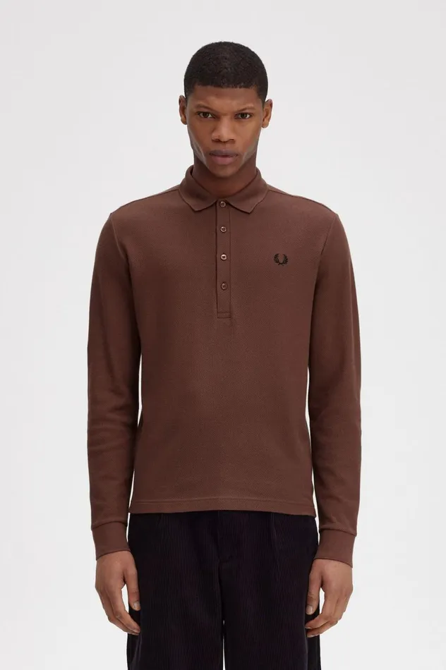 Men Honeycomb Cotton Long Sleeve Polo Shirt Whisky Brown Fred Perry Polo Shirts
