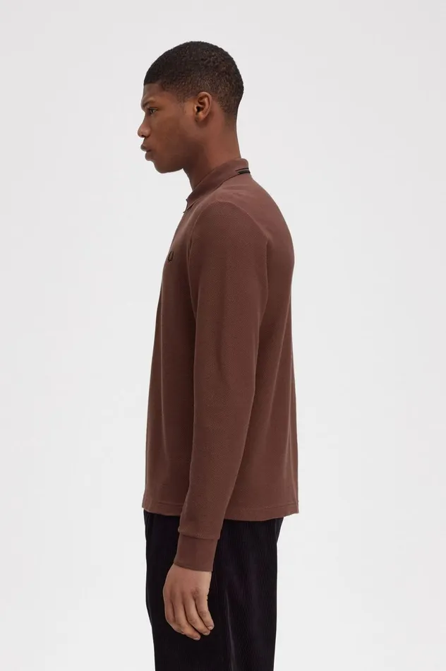 Men Honeycomb Cotton Long Sleeve Polo Shirt Whisky Brown Fred Perry Polo Shirts