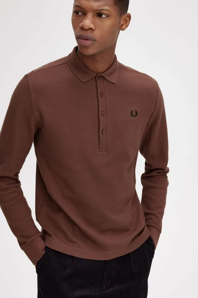 Men Honeycomb Cotton Long Sleeve Polo Shirt Whisky Brown Fred Perry Polo Shirts