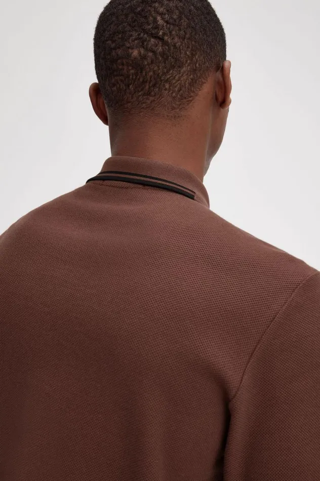 Men Honeycomb Cotton Long Sleeve Polo Shirt Whisky Brown Fred Perry Polo Shirts