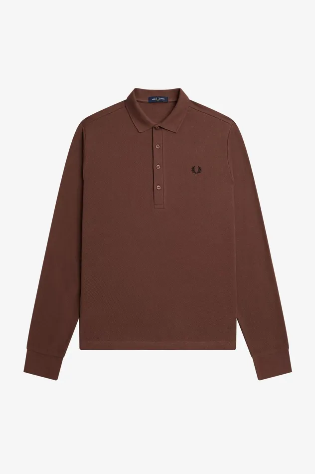 Men Honeycomb Cotton Long Sleeve Polo Shirt Whisky Brown Fred Perry Polo Shirts