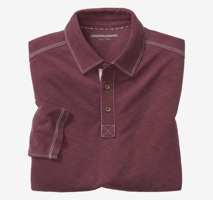 Men Johnston and Murphy Polos and Tees Vintage Slub LongSleeve Polo Burgundy