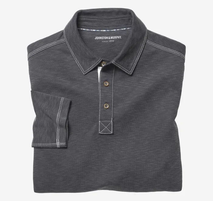 Men Johnston and Murphy Polos and Tees Vintage Slub LongSleeve Polo Charcoal