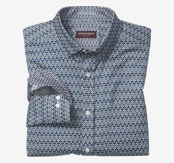 Men Johnston and Murphy Shirts Printed Cotton Shirt Navy Repeating Skull