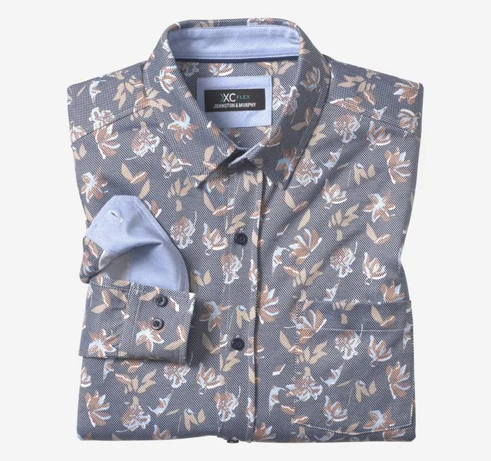 Men Johnston and Murphy Shirts XC Flex Stretch LongSleeve Shirt Navy Birdseye Floral