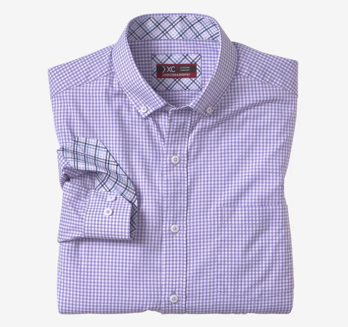 Men Johnston and Murphy Shirts XC4 LongSleeve StretchWoven Shirt Purplewhite Gingham