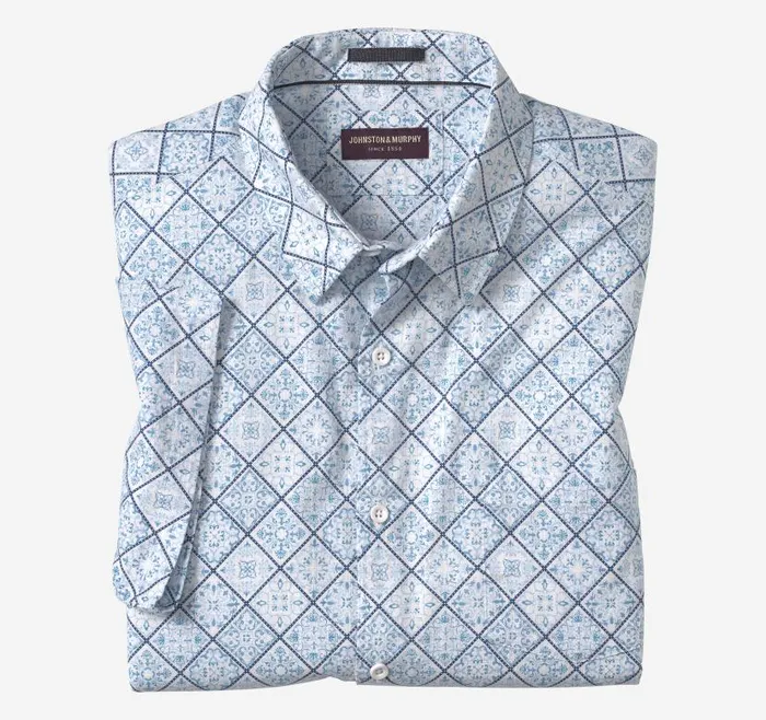 Men Johnston and Murphy ShortSleeve Shirts Print Camp Shirt Bluewhite Mosaic