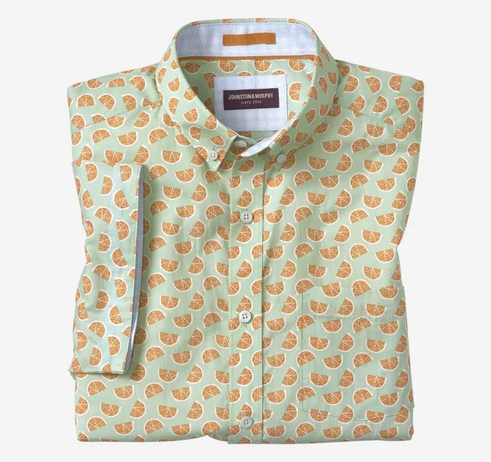 Men Johnston and Murphy ShortSleeve Shirts Printed Cotton ShortSleeve Shirt Green Citrus