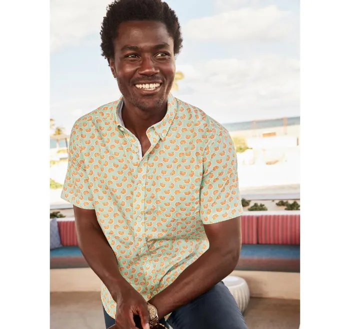 Men Johnston and Murphy ShortSleeve Shirts Printed Cotton ShortSleeve Shirt Green Citrus